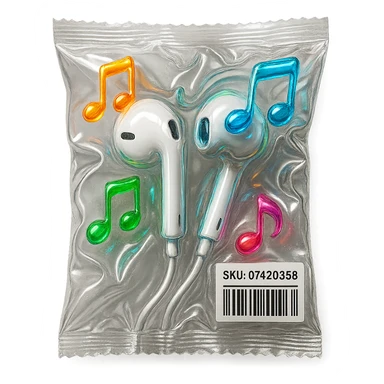 pair of white EarPods with floating multicolored glassy music notes around, shiny and inflated sticker