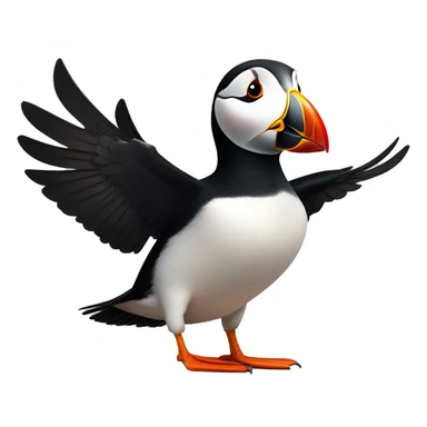 Puffin with round head and exaggerated features looking straight at the camera with wings spread out in a welcoming pose. sticker