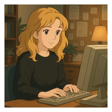 pretty brown-eyed blonde young woman with wavy hair, wearing a black sweater, working on a computer in a cozy office sticker