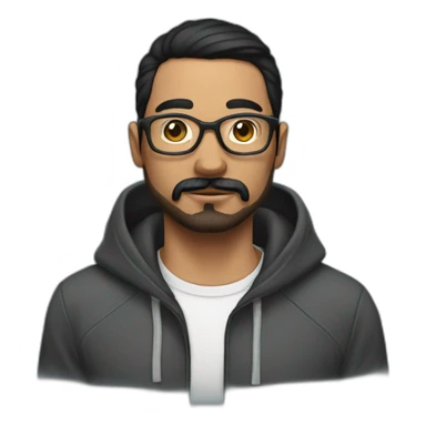 Man with dark straight hair moustache and beard, wearing a hoodie, glasses, arm tattoos sticker