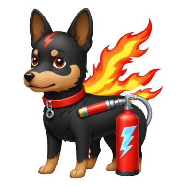 dog with electric lightning waves, fire extinguisher sticker