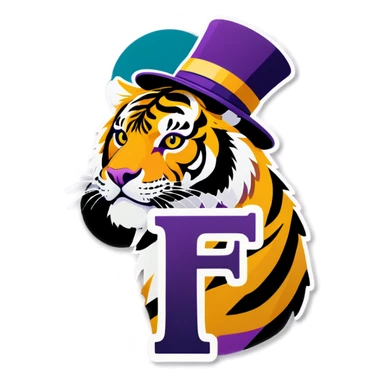 Purple and gold tiger with hat on with letter F  sticker