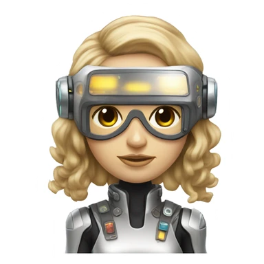 Brown long hair with blonde steaks female cyborg head, fair skin, space age goggles and circuits sticker