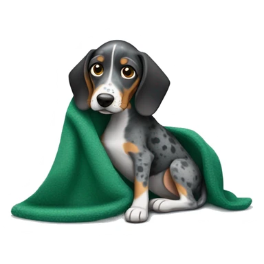 Miniature bluetick hound snuggling green blanket sticker