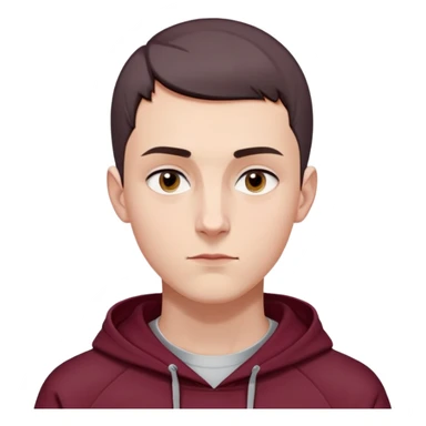 young white European male with short buzzcut dark hair, smooth clear skin, wearing a maroon hoodie with the hood up, oval-shaped face, defined jawline, high cheekbones, symmetrical features, sharp focused eyes, straight prominent eyebrows, calm neutral expression sticker