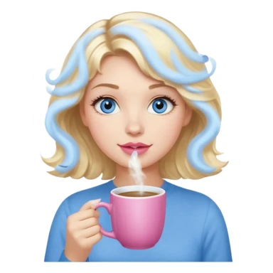 Girl Blonde short wavy hair,  blue eyes, cute blue top, long lashes, pink lips, holding hot white coffee mug sticker