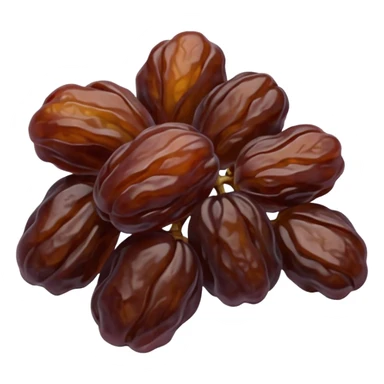 raisins, dried, small cluster or handful, deep brown to purplish, wrinkled, glossy, irregular shriveled, soft curves, subtle texture, no stems, no bowl, no garnish, soft lighting, transparent background, emoji scale sticker