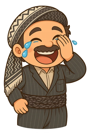 Cartoon sticker of a Kurdish man with the same clothes and scarf as the reference image, no changes to clothes or scarf, face with intense laughter and tears of joy, hand on face from laughing, colorful and cheerful, no text, suitable for WhatsApp and Instagram, transparent background. sticker