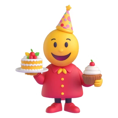3D smiley emoji, round shape, grandparents in festive clothes with cake, yellow color, smiling face sticker
