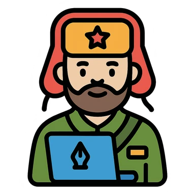 military blogger from Russian army wearing an ushanka hat sticker