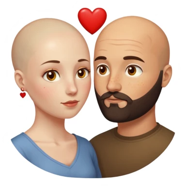 Couple. Bald man with dark brown-black beard. Woman with many small, faded, round, small freckles, white skin and she has auburn-yellow-brown dark hair. She has light yellow-brown eyes. He have hazel eyes. They look at each other. Many small red hearts around them. sticker