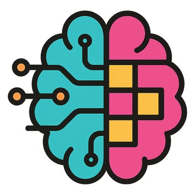 icon with a brain made of circuit lines representing AI on one side and a chessboard pattern representing strategy on the other side blending at the center in a sleek minimal style sticker