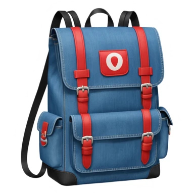 a blue denim backpack with a flap top, two vertical black buckle straps on the front. The backpack has two side pockets and a soft square shape. at front pocket bottom side, red and white two divided logo 

 sticker