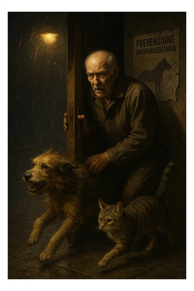 Un uomo anziano in tuta da lavoro, con espressione angosciata, tiene aperta la porta di casa mentre il suo cane (un meticcio a pelo lungo) e il gatto (soriano) scappano nella strada buia sotto la pioggia. Particelle di polvere/pulci fluttuano nell'aria illuminata dal lampione. Sullo sfondo, un poster strappato del veterinario con scritto 'Prevenzione antiparassitaria'. Stile fotorealistico, illuminazione Caravaggesca, toni grigi e ocra. in italiano sticker