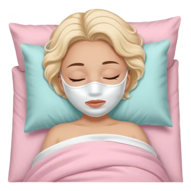 Girl sleeping peacefully with a white beauty face mask on, self care routine. baby pink bedding  sticker