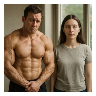 hyperrealistic muscular male bodybuilder standing next to a woman. The bodybuilder looks agitated, anxious, and insecure with a low self-esteem expression. The woman appears calm or neutral. Realistic environment with natural lighting and detailed features. sticker