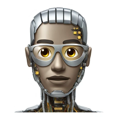 Male cyborg head with metallic skin, flat top, rectangular glasses and circuits sticker