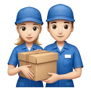 two suppliers in blue work uniforms wearing hat-style caps holding a big box together sticker