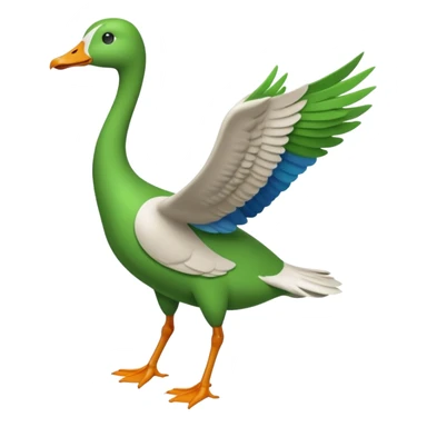 Emoji of a running goose with a very long neck and two legs. Use the shape of 🪿 but color the entire goose bright green (#39C700). Make sure the neck, body, wings, and legs are fully green, like a white goose dyed completely green, with no white parts. sticker