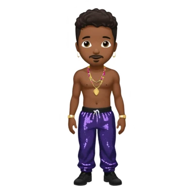Stevie J, Record Producer with dark brown hair, black sequin baggy pants, shirtless with necklace sticker