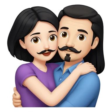 Tall white man with dark brown mustache and goatee hugging a short pale woman with long black hair sticker
