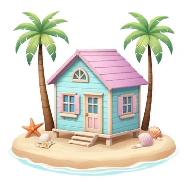 cute beach house, small seaside house, wooden walls, pastel colors, palm trees, seashells, warm sunlight, 3D cartoon, mobile game icon style, soft shadows, clean background, no text, no watermark
 sticker