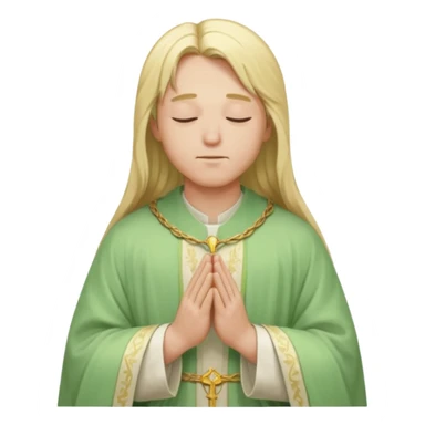 a young bishop, long blonde hair, light green wide, flowing outer robe. hands clasped together, eyes closed. Soft light, subtle fern. Waist-up, profile. sticker