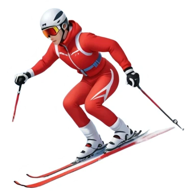 An icon featuring snowy peaks, pine trees, and a picturesque mountain landscape with a skier racing down a snow-covered slope. The sky is blue with soft clouds, capturing the thrill and beauty of alpine skiing. Transparent background highlights the excitement and serenity of winter sports. sticker
