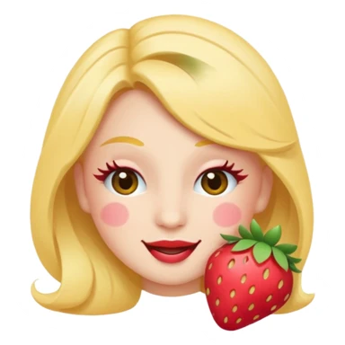 Emoji coquette, winking face with tiny strawberry sticker on cheek, fluttering eyelashes, pastel peach background, minimal vector, 512x512, transparent background
 sticker
