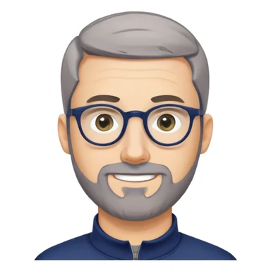 Caucasian man with oval face, hair cut extremely short and tight to head (military style), short beard with gray streaks, large black eyeglasses, cheerful expression, wide body type, navy blue long sleeve sweatshirt with quarter zip sticker
