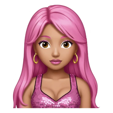 Nicki Minaj with long pink hair, pink sequin crop top, dark brown eye sticker