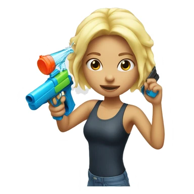Blonde girl shoots herself with a water gun sticker