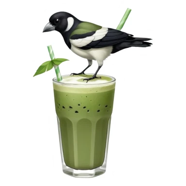 It’s an Australien Magpie (just black and white feathers) sitting on an iced matcha latte on the edge of the glass. It has green matcha on its beak indicating it drank. The iced matxha latte is in a see through glass and white from the oat milk on the bottom and green on top… one straw and ice cubes sticker