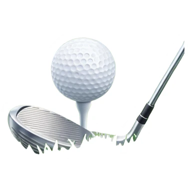 A golf ball on a tee, with a golf club placed beside it on the lush green fairway. The background shows a serene golf course with neatly trimmed grass and a clear blue sky, emphasizing the elegance and precision of the game. sticker