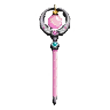 Sailor Moon's Crescent Moon Stick, a pink wand with a gold crescent moon on top and a circular silver gem in the center sticker