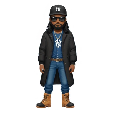 African American man with shoulder length black dreadlocks with black beard wearing black sunglasses wearing a black New York Yankees logo baseball cap wearing a black bubble winter coat wearing denim skinny jeans putting on timberland boots on his feet sticker