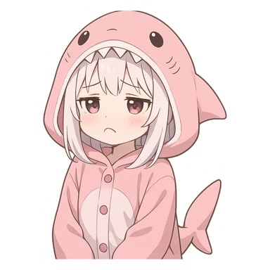 cute anime girl, white hair, pink shark onesie, pouting with a sad face sticker