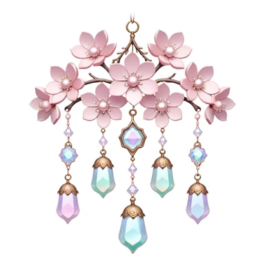 Hanging Iridescent pastel pink sakura crystals white-pearly suncatcher with bell sticker
