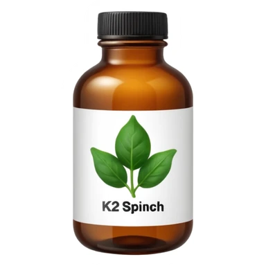 brown glass bottle of supplements with white label, black thin title K2 and small spinach emoji sticker