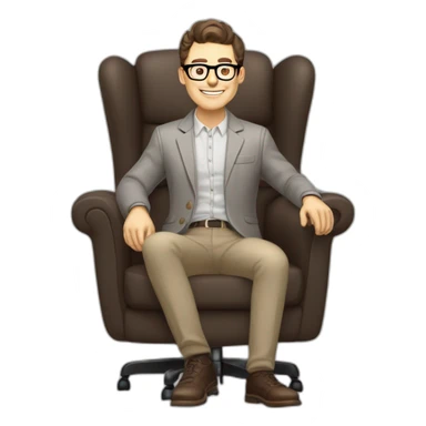 Joyful thrumb up Pale skinned Fit Man With dark brown hair in gray jacket, beige office shirt, Brown pants and vintage glasses sitting In a soft chair sticker