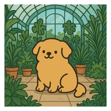 pusheen-style flat toon golden retriever in a botanical garden greenhouse sticker
