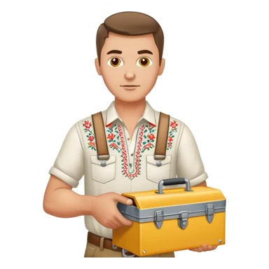 Ukrainian man in traditional embroidered shirt holding a toolbox sticker