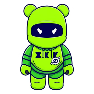 cool bearbrick wearing a vibrant lime green balaclava with a dark symbol sticker