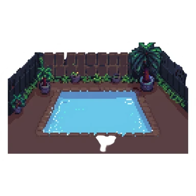 Make the scene night time with a dark sky, glowing pool lights, and moonlight. Keep the pixel art style and cult weed cheese pool party theme. Preserve transparency if present. sticker