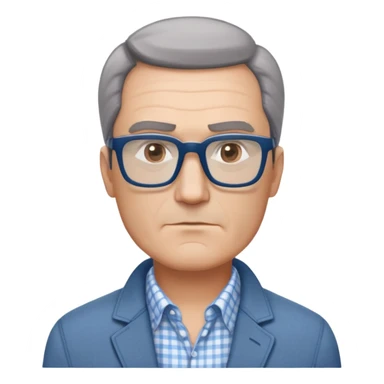 50-year-old man with square face, large dark square glasses, short straight hair combed to the side with some gray. Serious-relaxed expression with subtle age lines. Light gray jacket, white shirt with blue checkered pattern. sticker