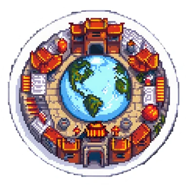 round planet with China Town buildings inside a circle, pixel art, vibrant colors sticker