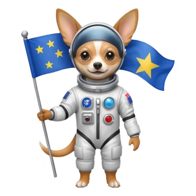 a chihuahua in space suit, holding blue rectangle flag, full body, front view sticker