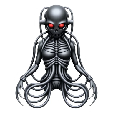 dark intertwined black wires forming a creature, wrapped in black rags and bondage straps, Giger-inspired sticker