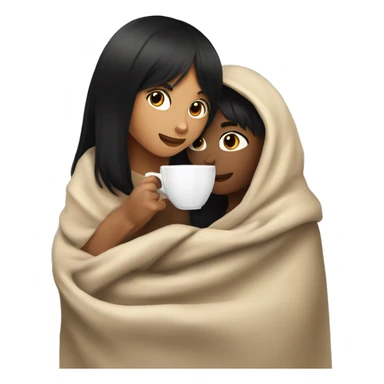 TAN SKIN GIRL with BLACK HAIR and BANGS AND BROWN SKIN BOY with BLACK SHORT HAIR inside a blanket sipping coffee sticker