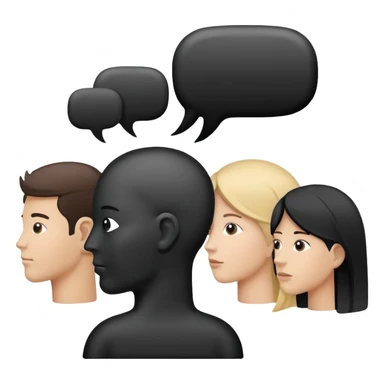 Minimalistic flat vector icon, iOS style, thin black contour on white background. Human head with speech bubble and small group of people silhouettes listening. Clean, no text, no shadows sticker